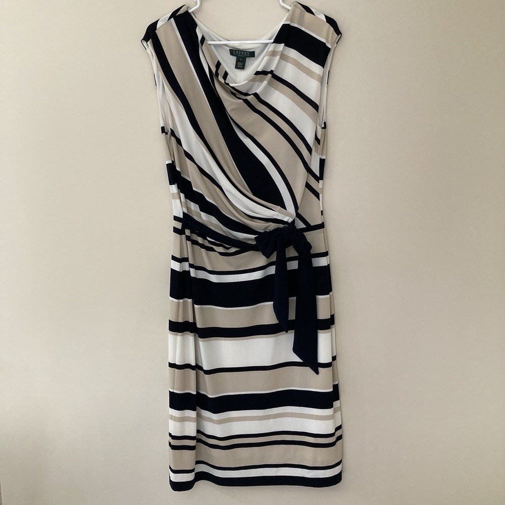 Lauren Ralph Lauren Dress Womens 12 Cowl Neck Striped Waist Tie White Black Tan